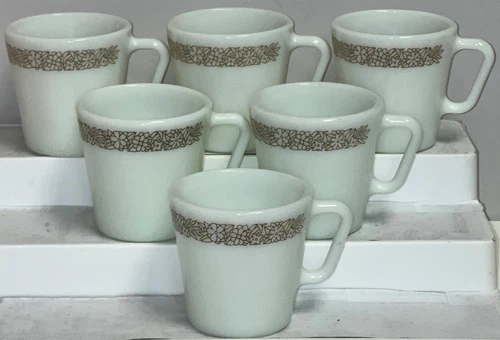 6 Corelle Pyrex WOODLAND BROWN 3 1/2" MUGS