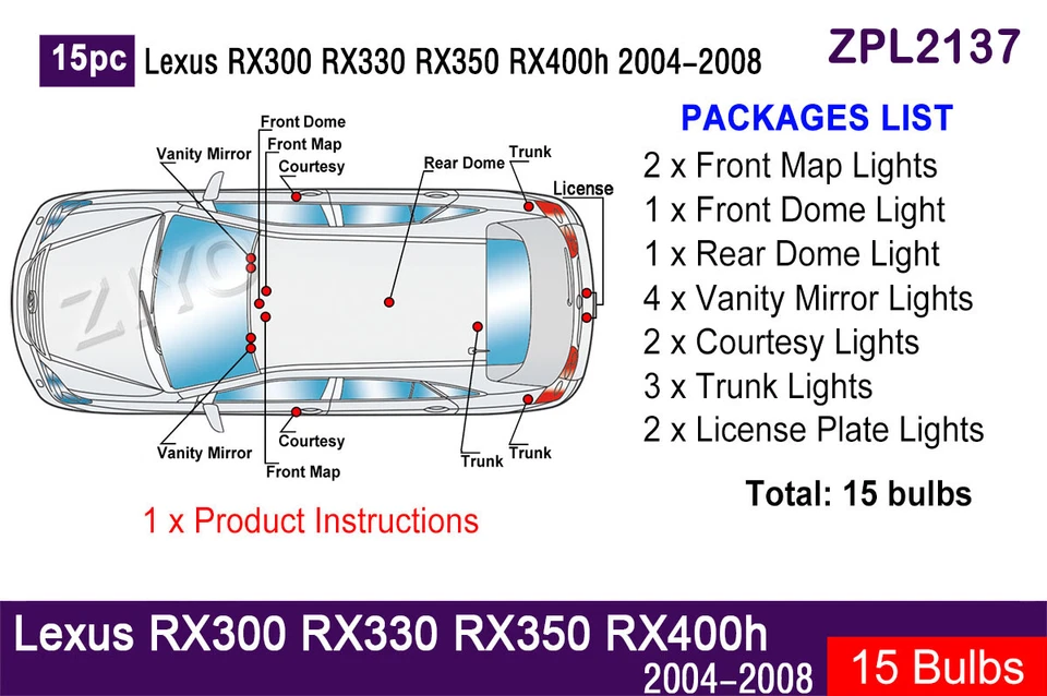 Kit de luces LED interiores xenón blanco domo luz para Lexus RX 2004-2008 - Imagen 2 de 4