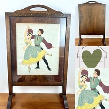 Antique Vintage Wooden Fire Screen / Fireguard with Embroidery Dancers