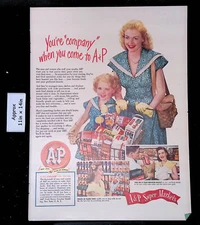 1949 A & P Super Markets Shopping Mom & Child Full Shopping Cart  Print Ad 46225