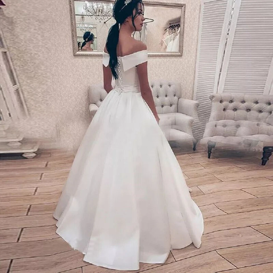 Vestidos de novia con hombros descubiertos una línea simple satinado con cordones vestido de novia blanco marfil Foto 3 de 4