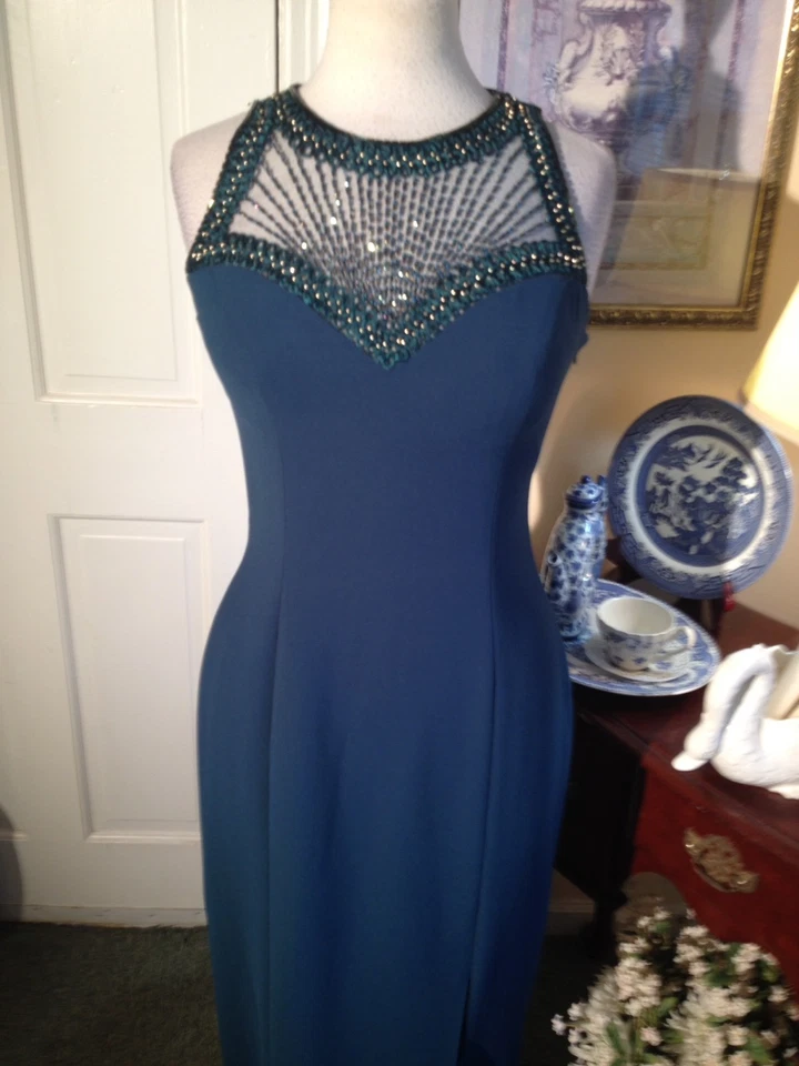 ALYCE DESIGNS BLUE EVENING DRESS-SIZE6-SHEER TOP WITH GOLD BEADS-BUILT IN BRA!!! - Image 3 of 4