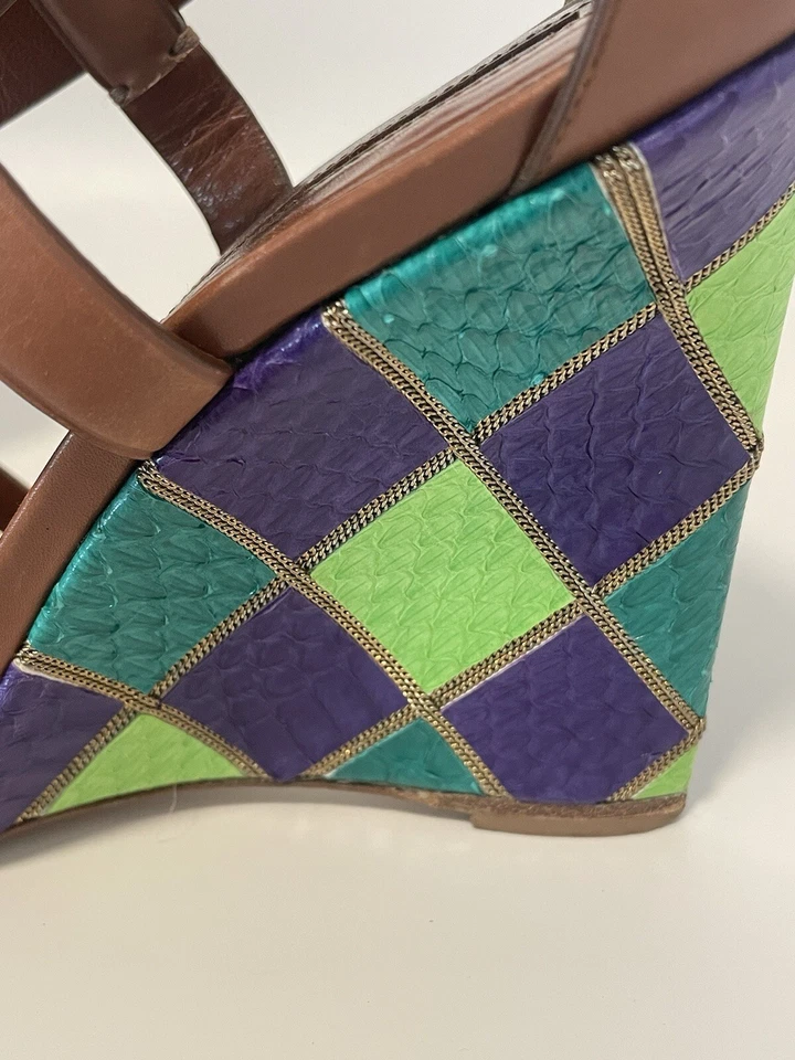 Brian Atwood Wedge Sandal US 7.5 EU 38 Heels Leather Ankle Colorful Snakeskin 4” - Image 3 of 4