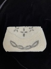 Vintage Faux Pearl white Silver Beaded Clutch Purse Christmas Party Made Japan