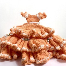 Doll Dress Vintage Handmade Crochet Barbie Quince Ball Gown Puff Sleeves Orange