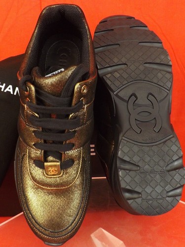 NIB CHANEL G31711 GOLDEN BROWN BLACK FABRIC LEATHER CC LOGO LACE UP SNEAKERS 41 - Picture 9 of 12