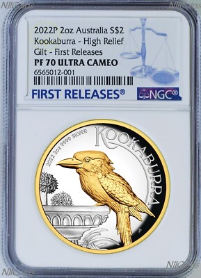 2022 Australia GILT PROOF HIGH RELIEF 2oz Silver Kookaburra $2 Coin NGC PF70 FR