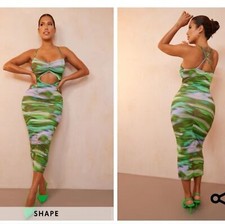 NWT PLT Shape Green Wave Print Slinky Ruched Bust Cut Out Midaxi Dress Size 2