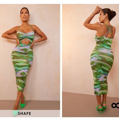 NWT PLT Shape Green Wave Print Slinky Ruched Bust Cut Out Midaxi Dress Size  2 | eBay