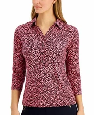 New Charter Club Women Petite Half Button Placket Heart Print Shirt, Petite 