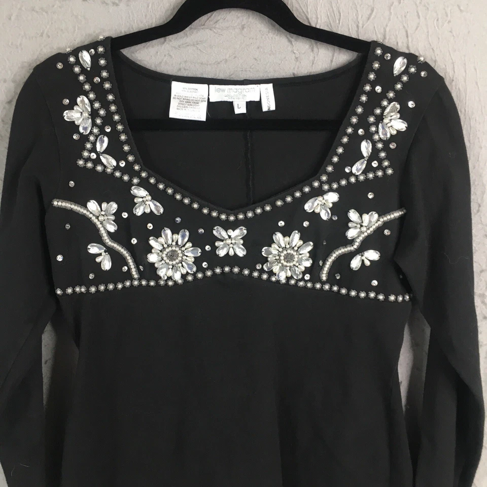 Blusa Lew Magram Feminina Grande Preta Malha Bejeweled Bling Frisada Y2K Retrô - Imagem 2 de 4