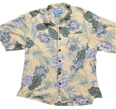 Bermuda Bay Shirt Mens Large Blue Floral Print Short Sleeve Button Up 100% Silk