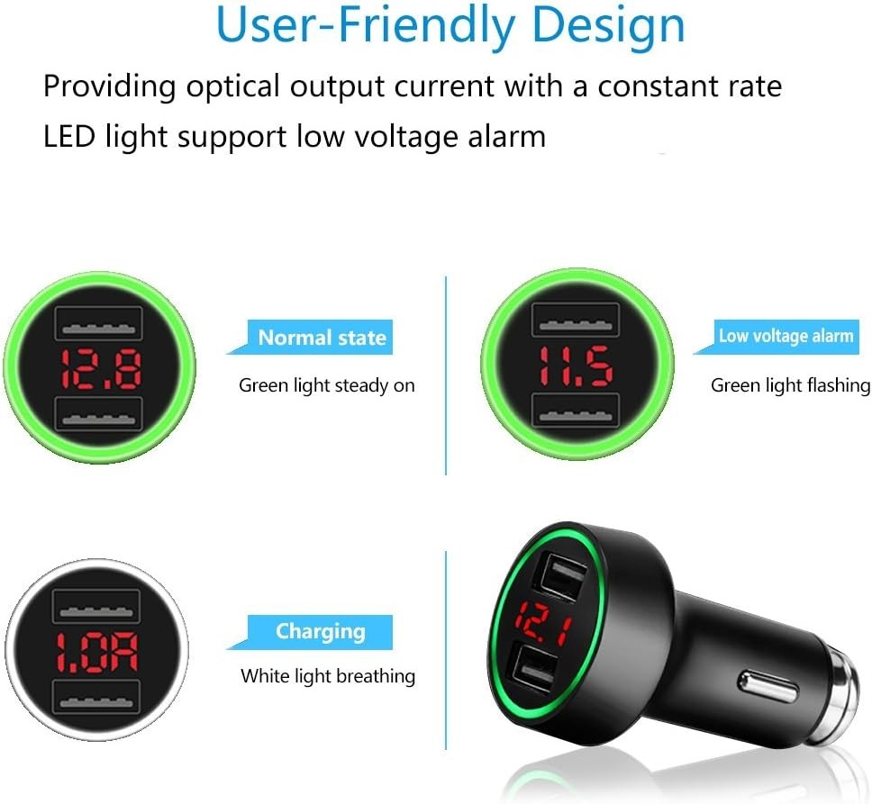 Smart IC 24W Car Charger with Dual USB Ports & Voltage Warning Features
