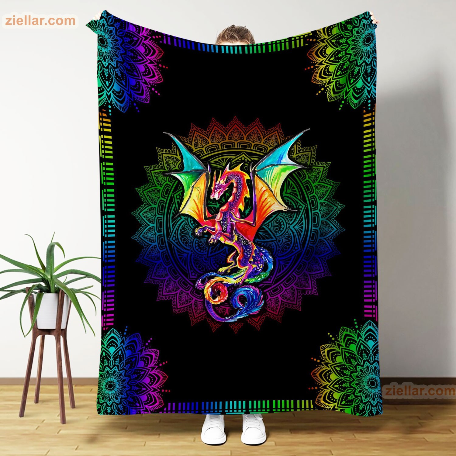 Colorful Dragon Mandala Fleece Blanket, Fantasy Lover Gift S