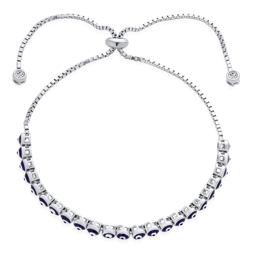 Colorful Eye Shape Thin Multi Color Evil Eye Bolo Bracelet Sterling Silver - Image 2 of 4