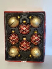 Vintage Christmas Ornaments Glass Red Gold Glitter Holiday Set Of 8 By Rite Aid