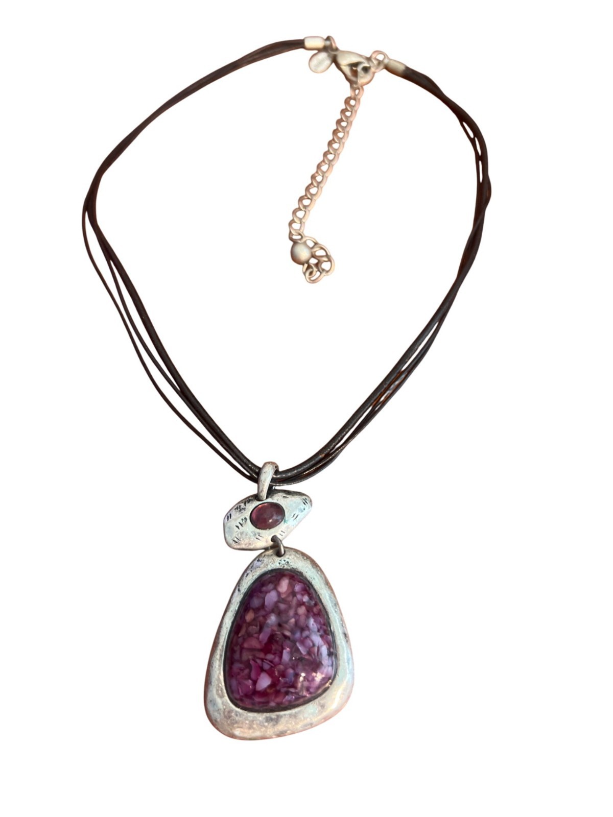 Chicos Multi-Strand Black Leather Necklace Purple Stone Pendant Silver Tone Adj