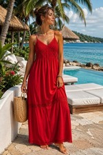 Solitaire Swim Red Crochet Maxi Cover Up Dress L Resort Vacation Boho Rayon