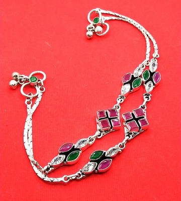 Multicolor Handmade Gemstone Anklet Pair 925 Sterling Silver Jewelry