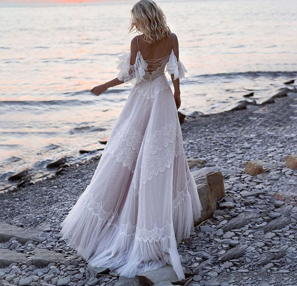 Bohemian Wedding Dresses With Lace Appliques V Neck Mermaid Bridal Gowns - Image 3 of 4
