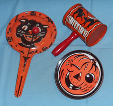 vintage Halloween tin KIRCHHOF + T. COHN NOISEMAKER LOT x3 cat pumpkin jol