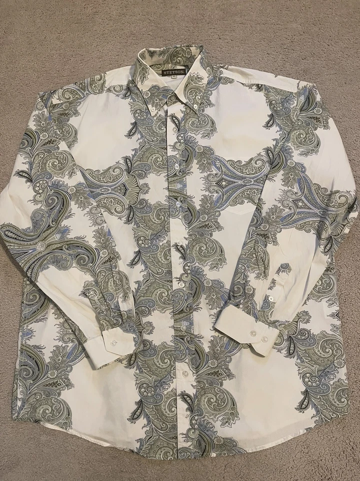 Camisa Stetson Hombres XL Blanca Verde Cachemira Abotonada L/S Vaquero Western Rodeo Foto 2 de 4
