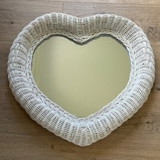 24.5" Large Cottage Core Heart Shaped White Wicker Mirror Wall Mounted Vintage