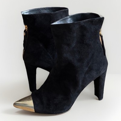 Stuart Weitzman Black Suede Gold Cap Toe High Heel Back Zipper Ankle Boots 8.5