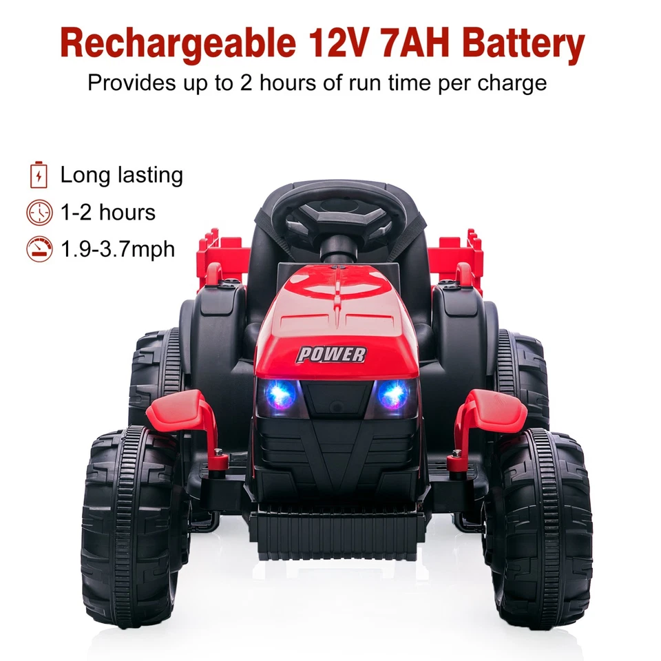 Tractor eléctrico de paseo GARVEE 12V para niños - luces LED, música, remolque, rojo Foto 4 de 4