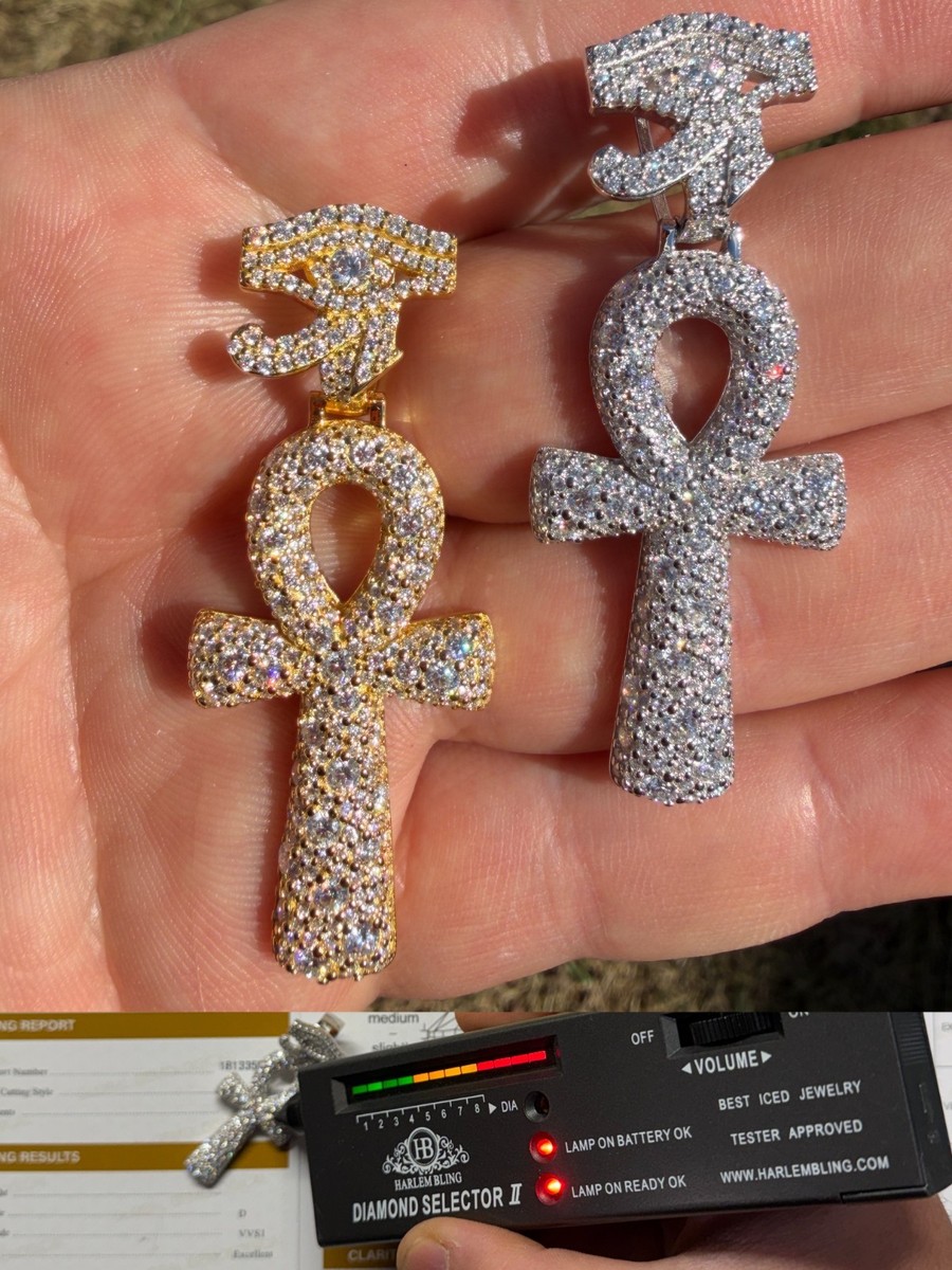 Moissanite Ankh Mosaic Set Cross Eye Of Horus Pendant - 925 Silver