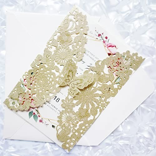 50 tarjetas de invitación de boda cortadas con 50PCS Blank Brillo de champán