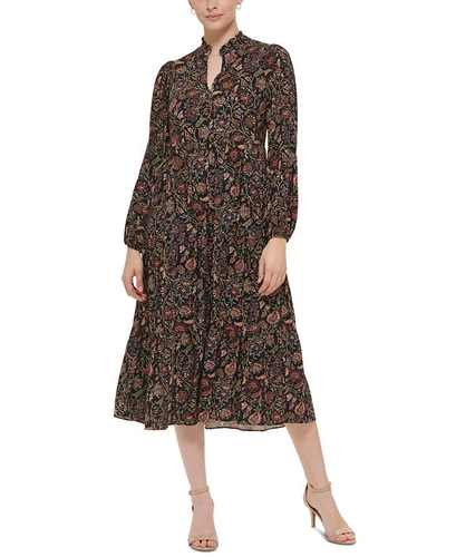 Jessica Howard Women's Print Split Neck Midi Dress Black Size 8 Petite - Picture 1 of 3