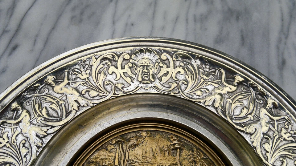 Antique Gilt & Silvered Bronze ~Venus & Cupid at Vulcan's Forge~ Wall Plaque 11" - Image 4 of 4