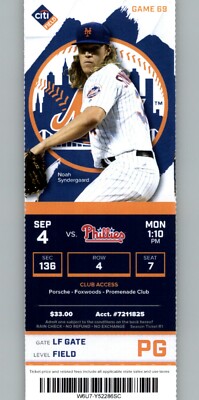 Philadelphia Phillies vs New York Mets 9/4/2017 Full Ticket - Noah Syndergaard