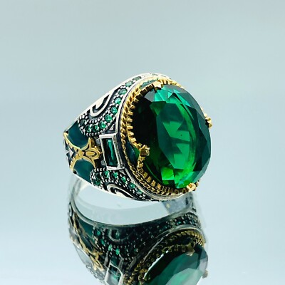 Mens Simulated Emerald 925 Sterling Silver Ring Turkish Handmade