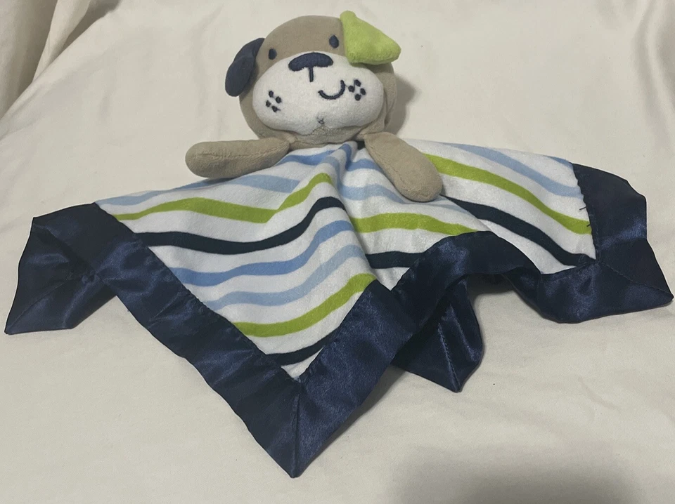 Manta de seguridad Garanimals cachorro perro Lovey a rayas azul marino y verde satinado trasero Foto 3 de 4