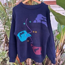 Vintage 1980s Kennington Italia Abstract Face Sweater Navy Wool Blend 21x27 