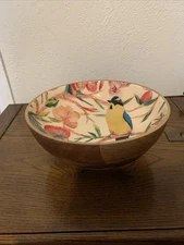Opal House Mango Wooden Serving Bowl Bird Floral Wood Lacquered Finish Interior 