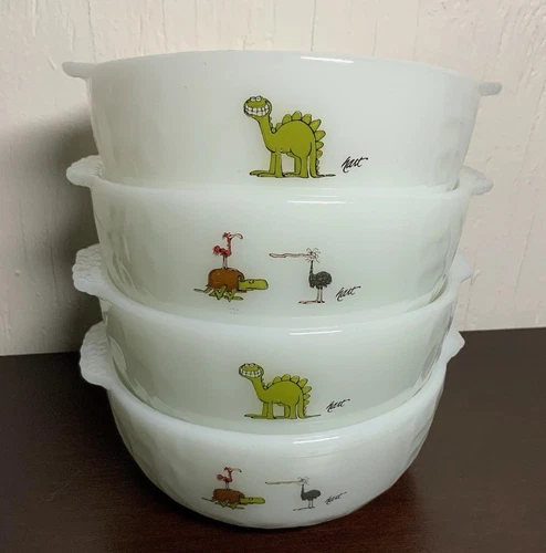 VTG Anchor Hocking Fire King 4 Milk Glass Cereal Bowls BC Comics Hart Dinosaur