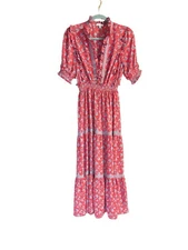 Max Studio Tiered Maxi Red Floral Prairie Dress Women’s M with Ruffles