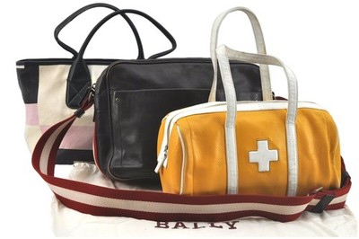Authentic BALLY Shoulder Hand Bag Leather Canvas Brown Yellow 3Set AB103