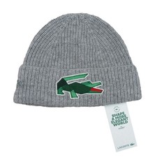 Lacoste Crocodile Big Patch Grey Wool Beanie Cap One Size NEW