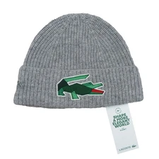 Lacoste Crocodile Big Patch Grey Wool Beanie Cap One Size NEW