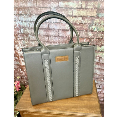 Wrangler Gray Tote Handbag Braided Accents Zip Top Double Handles Detach Strap