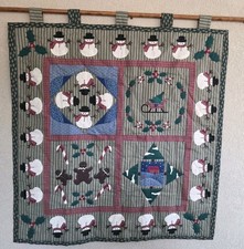 Hand Sewn Christmas Holiday Wall Hanging Snowmen Candy Canes 35x34"Quilt READ
