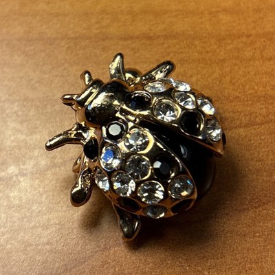 Vtg Rhinestone and Gold Tone Bug Small Brooch Black Stone Body.