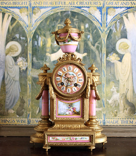 S.MARTI ANTIQUE FRENCH MANTEL CLOCK PINK PORCELAIN PANELS COLUMNS DIAL CUPID