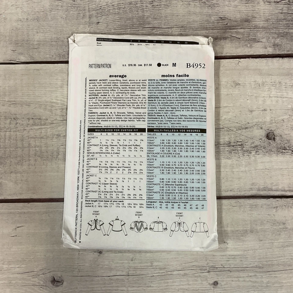 Butterick 4952 Sewing Pattern Jackets Historical Victorian Miss Size 6-12 UNCUT - Image 2 of 3