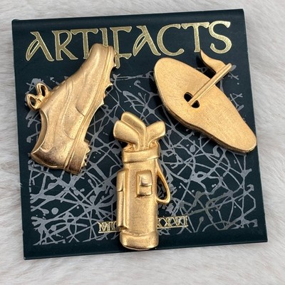 Vtg JJ Artifacts Golfer Gold Tone Pin Set - Golf Shoe Bag & Hole - Gift Idea