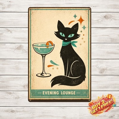 Black Cat with Martini Glass 8x12 Vintage Metal Tin Sign Art